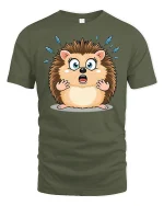 Funny Shocked Hedgehog Cartoon Tee With Cute Surprised Face Art - military green t-shirt on white background