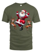 Funny Dancing Santa Claus Cartoon Tee With Playful Reindeer Vibes - military green t-shirt on white background