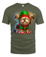 Cute Christmas Elf Dog Graphic Tee With Playful Holiday Charm - military green t-shirt on white background