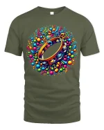 Colorful Music Tambourine Art Tee With Rhythm And Joyful Vibes - military green t-shirt on white background