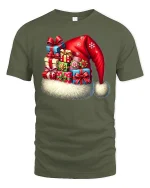 Festive Santa Hat Gift Stack Tee With Cozy Holiday Cheer - military green t-shirt on white background