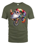 Groovy Tie Dye Santa Gnome Tee With Peace Sign And Fun Spirit - military green t-shirt on white background