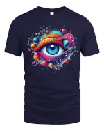 Psychedelic Cosmic Eye Art Tee With Vibrant Music Flow - navy t-shirt on white background