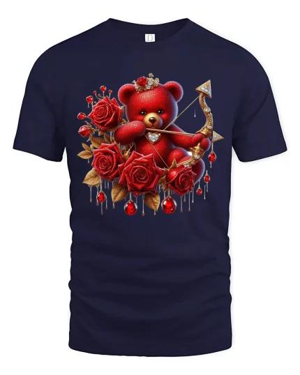 Romantic Rose Teddy Bear Art Tee With Sweet Love Inspired Style - navy t-shirt on white background
