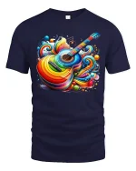 Colorful Acoustic Guitar Art Tee With Vibrant Music Energy Style - navy t-shirt on white background