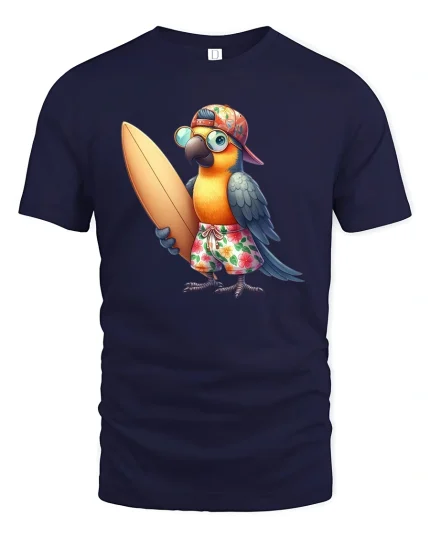 Surfing Parrot Graphic Tee With Tropical Fun Summer Vibes - navy t-shirt on white background