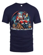 Santa And Dragon Beer Tee With Epic Fantasy Holiday Style - navy t-shirt on white background