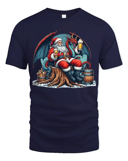 Santa And Dragon Beer Tee With Epic Fantasy Holiday Style - navy t-shirt on white background