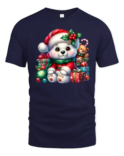 Cute Christmas Bear Tee With Cozy Holiday Gift Art Style - navy t-shirt on white background