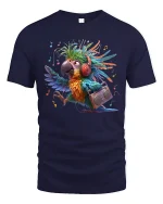 Funky Music Parrot Tee With Colorful Rhythm And Retro Vibes - navy t-shirt on white background