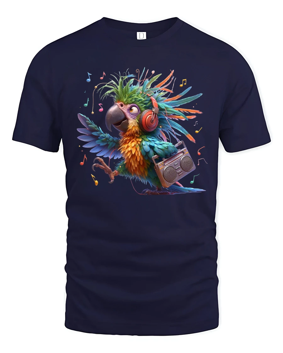 Funky Music Parrot Tee With Colorful Rhythm And Retro Vibes - 1 Funky Music Parrot Tee With Colorful Rhythm And Retro Vibes - navy t-shirt on white background