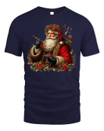 Classic Santa Claus Holiday Art Tee With Vintage Christmas Charm - navy t-shirt on white background