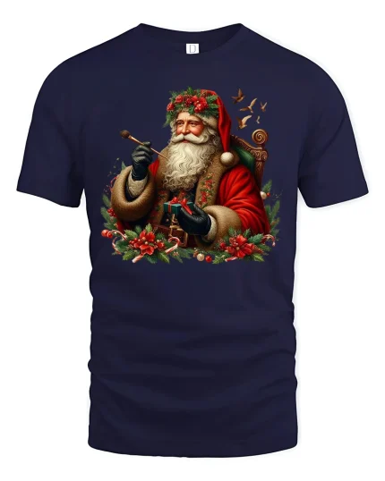 Classic Santa Claus Holiday Art Tee With Vintage Christmas Charm - navy t-shirt on white background
