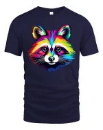 Colorful Raccoon Art Tee With Bold Rainbow Animal Style - navy t-shirt on white background
