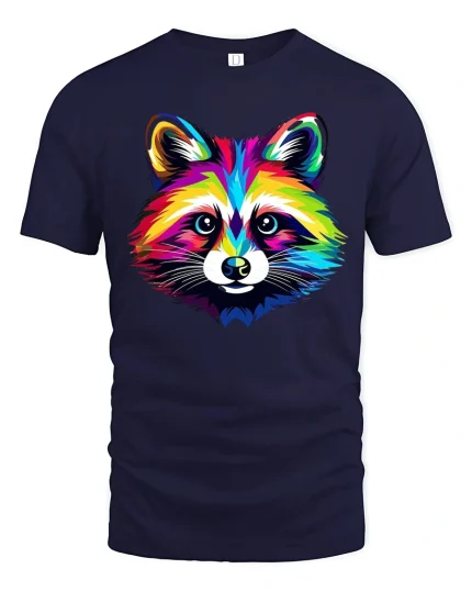 Colorful Raccoon Art Tee With Bold Rainbow Animal Style - navy t-shirt on white background