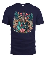 Rock Guitar Skull Art Tee With Bold Music Love Tattoo Style - navy t-shirt on white background