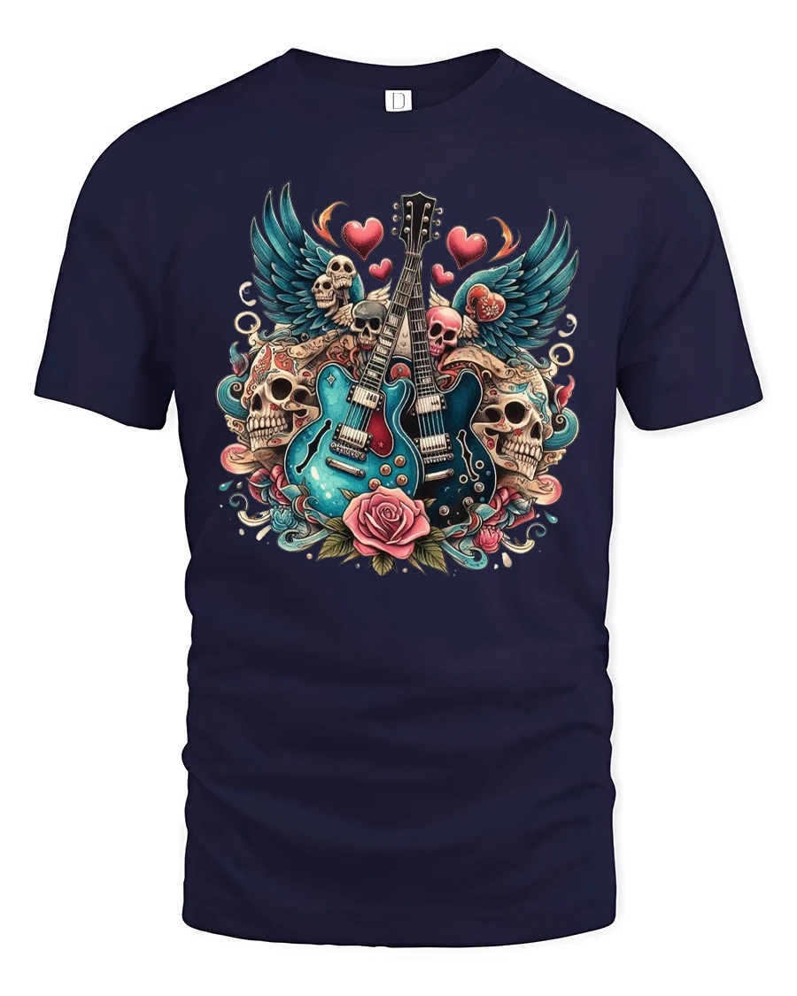 Rock Guitar Skull Art Tee With Bold Music Love Tattoo Style - 1 Rock Guitar Skull Art Tee With Bold Music Love Tattoo Style - navy t-shirt on white background