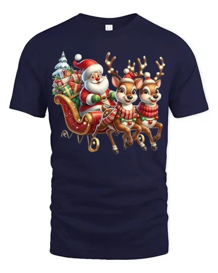 Santa And Reindeer Christmas Sleigh Ride Tee With Cute Holiday Art - navy t-shirt on white background