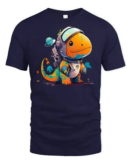 Cute Astronaut Dinosaur Space Adventure Tee With Playful Galaxy Art - navy t-shirt on white background