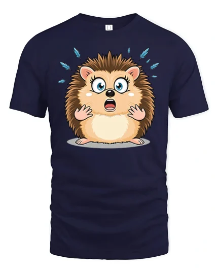 Funny Shocked Hedgehog Cartoon Tee With Cute Surprised Face Art - navy t-shirt on white background