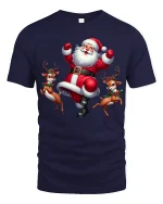 Funny Dancing Santa Claus Cartoon Tee With Playful Reindeer Vibes - navy t-shirt on white background