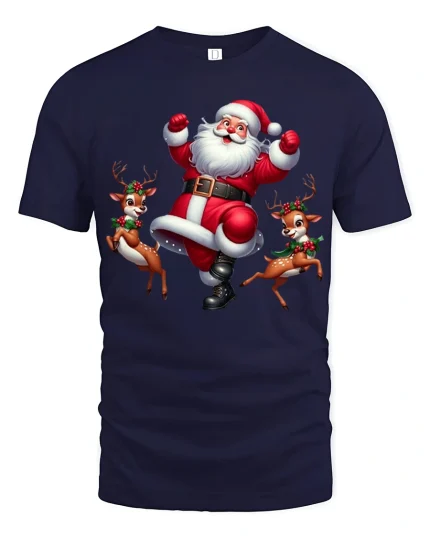 Funny Dancing Santa Claus Cartoon Tee With Playful Reindeer Vibes - navy t-shirt on white background