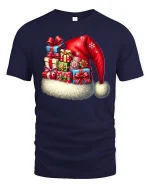 Festive Santa Hat Gift Stack Tee With Cozy Holiday Cheer - navy t-shirt on white background