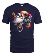 Groovy Tie Dye Santa Gnome Tee With Peace Sign And Fun Spirit - navy t-shirt on white background