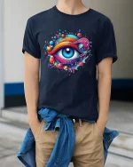 Psychedelic Cosmic Eye Art Tee With Vibrant Music Flow - model wearing navy tee with hands in pockets
