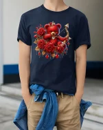 Romantic Rose Teddy Bear Art Tee With Sweet Love Inspired Style - model wearing navy tee with hands in pockets