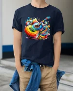 Colorful Acoustic Guitar Art Tee With Vibrant Music Energy Style - model wearing navy tee with hands in pockets