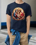 Holy Family Sacred Love Tee With Elegant Christian Art Style - model wearing navy tee with hands in pockets