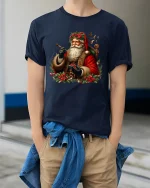 Classic Santa Claus Holiday Art Tee With Vintage Christmas Charm - model wearing navy tee with hands in pockets