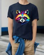 Colorful Raccoon Art Tee With Bold Rainbow Animal Style - model wearing navy tee with hands in pockets