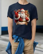 Merry Christmas Santa Pointing Graphic Tee With Festive Spirit - model wearing navy tee with hands in pockets