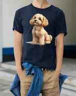 Cute Curly Puppy Portrait Tee With Soft Cozy Artistic Dog Style - model wearing navy tee with hands in pockets
