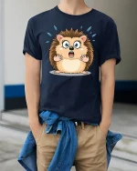 Funny Shocked Hedgehog Cartoon Tee With Cute Surprised Face Art - model wearing navy tee with hands in pockets