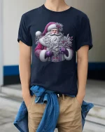 Elegant Purple Santa Claus Art Tee With Magical Winter Charm - model wearing navy tee with hands in pockets