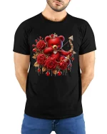 Romantic Rose Teddy Bear Art Tee With Sweet Love Inspired Style - model wearing black tee with hands behind back