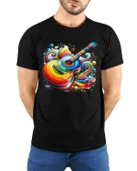 Colorful Acoustic Guitar Art Tee With Vibrant Music Energy Style - model wearing black tee with hands behind back