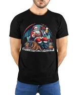 Santa And Dragon Beer Tee With Epic Fantasy Holiday Style - model wearing black tee with hands behind back