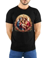 Holy Family Sacred Love Tee With Elegant Christian Art Style - model wearing black tee with hands behind back