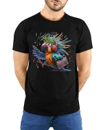 Funky Music Parrot Tee With Colorful Rhythm And Retro Vibes - model wearing black tee with hands behind back