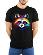Colorful Raccoon Art Tee With Bold Rainbow Animal Style - model wearing black tee with hands behind back