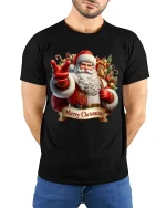 Merry Christmas Santa Pointing Graphic Tee With Festive Spirit - model wearing black tee with hands behind back