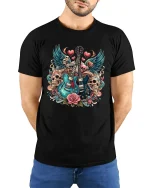 Rock Guitar Skull Art Tee With Bold Music Love Tattoo Style - model wearing black tee with hands behind back