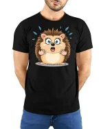Funny Shocked Hedgehog Cartoon Tee With Cute Surprised Face Art - model wearing black tee with hands behind back
