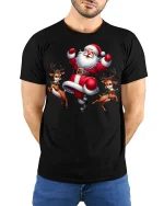 Funny Dancing Santa Claus Cartoon Tee With Playful Reindeer Vibes - model wearing black tee with hands behind back