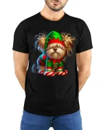 Cute Christmas Elf Dog Graphic Tee With Playful Holiday Charm - model wearing black tee with hands behind back