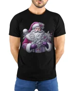 Elegant Purple Santa Claus Art Tee With Magical Winter Charm - model wearing black tee with hands behind back